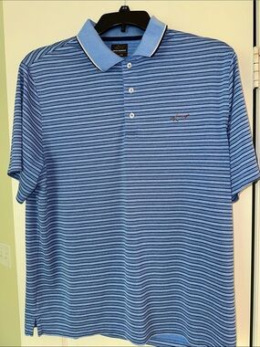 Greg Norman Collection Light Blue Striped Polo with Contrast Collar